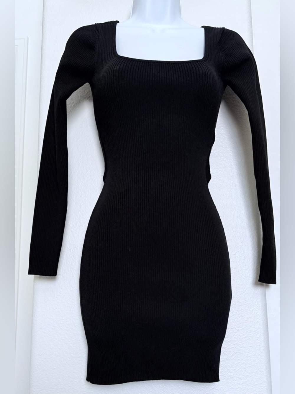 Astr Black Ribbed Square-Neck Long Sleeve Bodycon Dress